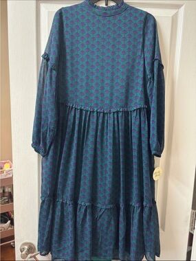 Teal and Purple Tiered Long Sleeve Dress